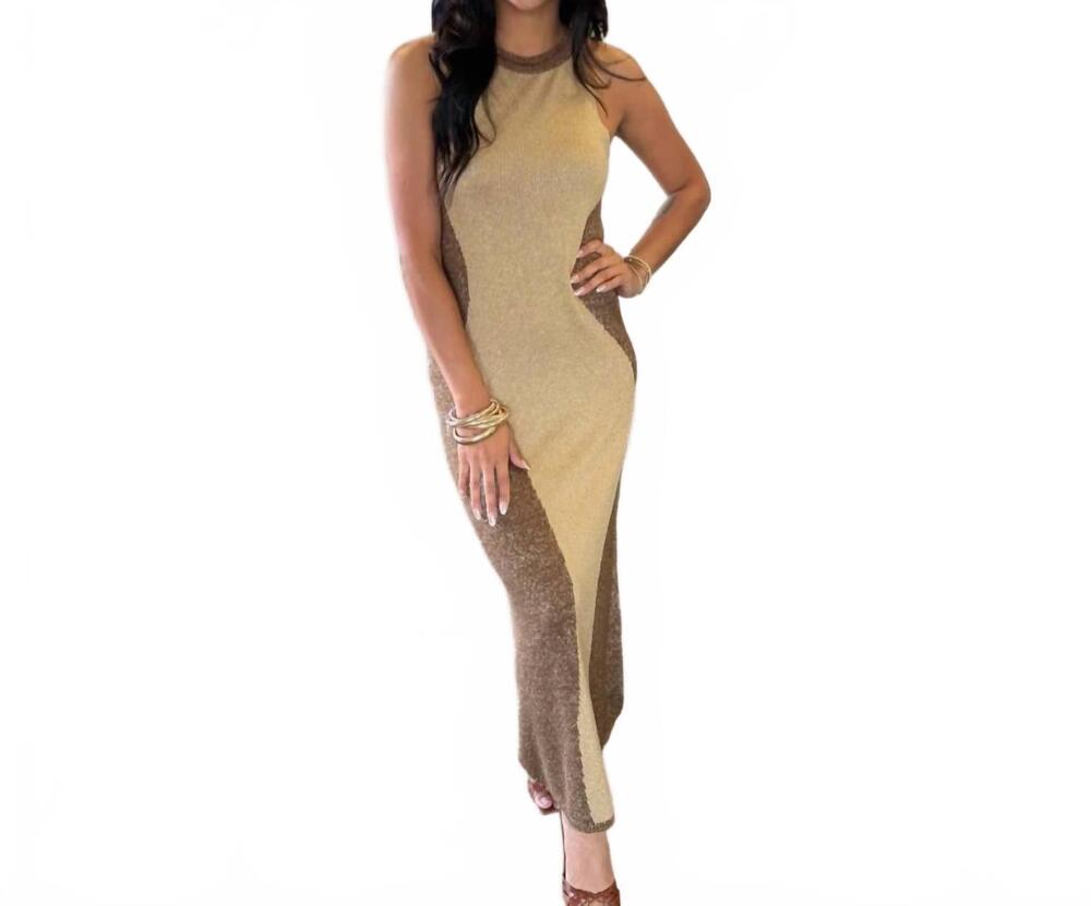 NEW AGGEL KNITWEAR the roxane intarsia two-tone column dress in chocolate/sand